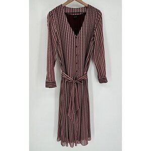 Madeleine Maxi Dress Women 14 Burgundy Geometric Print Button V-Neck Metallic